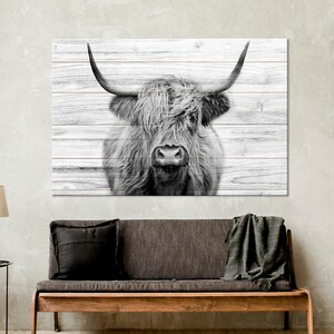 Cow canvas print Highland cow wall art Portrait cow print Аnimal canvas Rustic farm art Black white canvas Extra large wall art