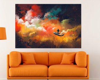 Man in a boat canvas print Space art Clouds print Colorful canvas Fantasy Art Print Living room decor Extra large wall art