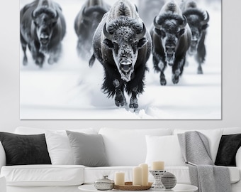 Winter Buffalo Herd Canvas Wall Art: Farmhouse Decor, Large American Bison Print