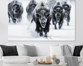 Décoration murale sur toile hiver troupeau de buffles : décoration de ferme, grande impression de bisons d'Amérique