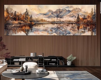 Watercolor Mountain Lake Canvas Print: Panoramic Nature Wall Art