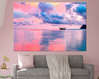 Сolorful sunset canvas print Boat art Nature print Seascape canvas Pink sunset art Living room decor Extra large wall art