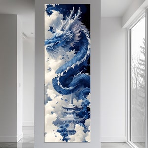 Blue Chinese dragon canvas print Japanese wall art Asian Dragon print Chinese canvas Extra large wall art Living room decor Canvas print