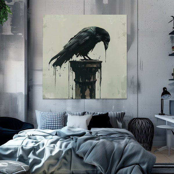 Black Raven Gothic Art canvas print Gothic Crow wall art Spooky wall decor Crow print Halloween artwork Dark Gothic large living room art