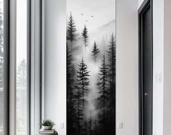 May include: A tall, vertical wall art print featuring a black and white landscape of a dense pine forest shrouded in thick mist. The scene depicts layers of evergreen trees fading into the fog with three small birds flying in the upper sky.