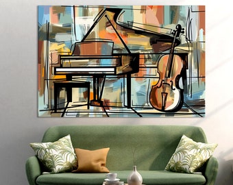 Piano and Double Bass Canvas Print: Music Room Wall Art, Ready to Hang