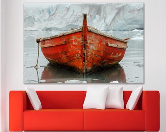 Old red boat canvas print Vintage boat wall art Fishing boat print Wooden boat canvas Nautical wall art Extra large canvas Water scene Art