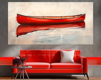 Canoe canvas print Red Canoe wall art Boat Water print Kayaking wall art Lake House decor Framed ready to hang Large horisontal canvas art