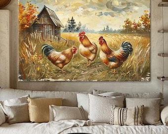 Farmhouse Rooster Hen Canvas Wall Art: Rustic Chicken Farm Animals Print