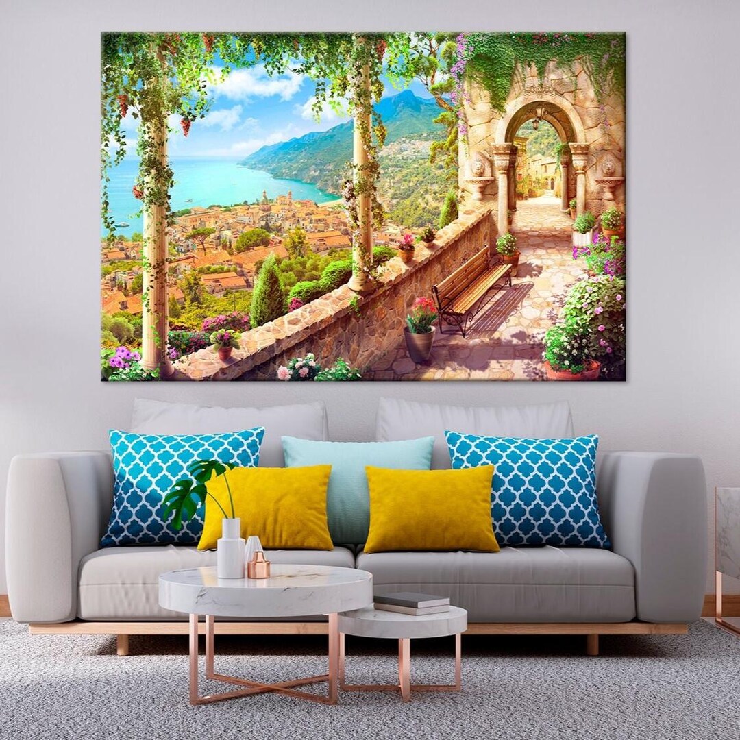 Italian Coastal Balcony View Art Print: Mediterranean Landscape Wall ...