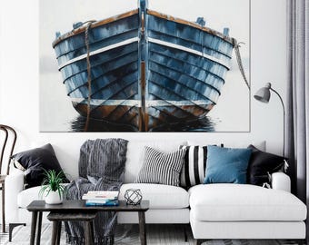 Blue boat Large canvas wall art Canvas print Lake house wall art Boat print Coastal wall art Wooden boat Beach house decor Housewarming gift