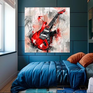 Red Electric Guitar Canvas Print: Music Room Wall Art