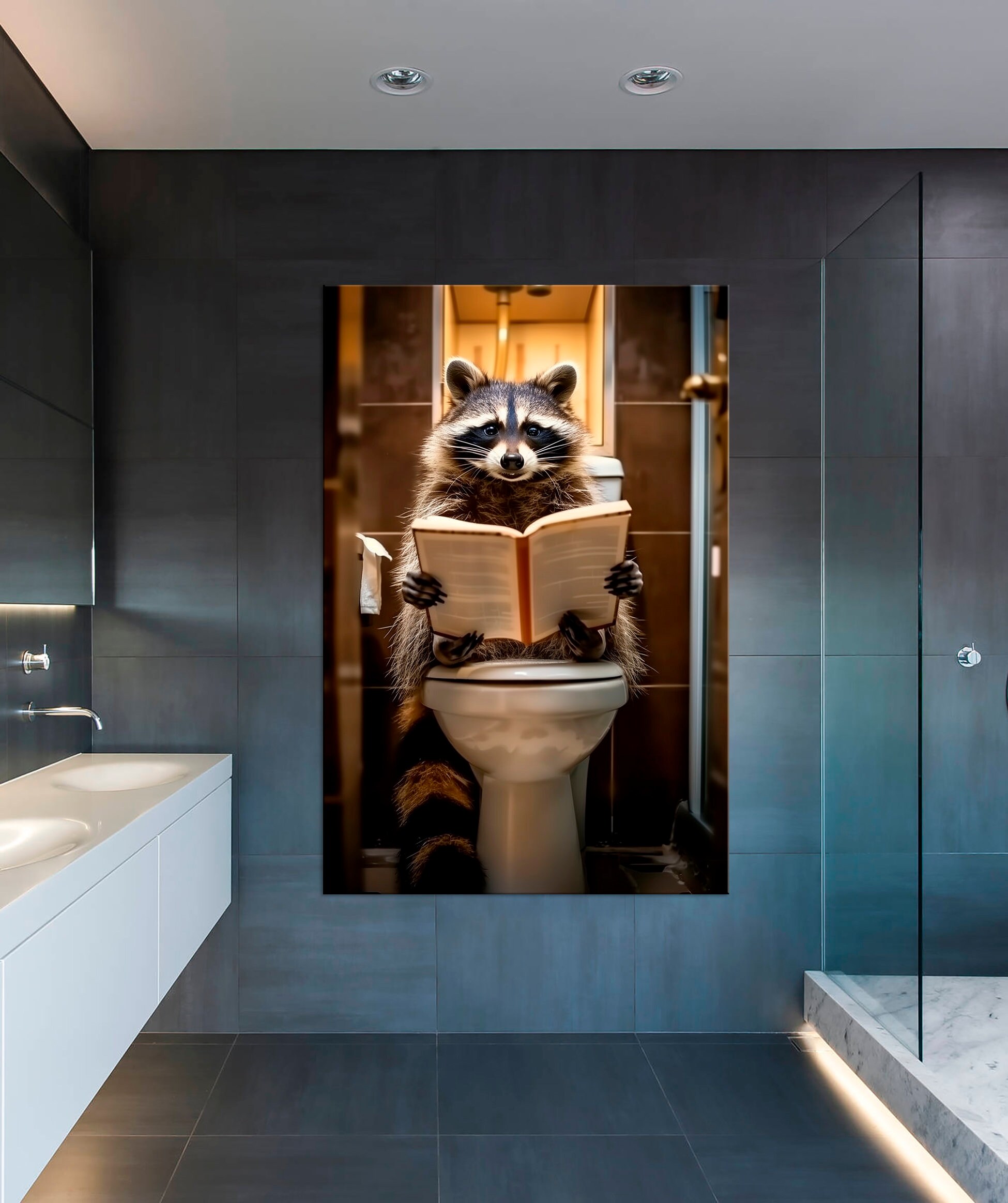 Raccoon Reading Book Toilet Canvas Print Funny Wall Art Animal Print ...