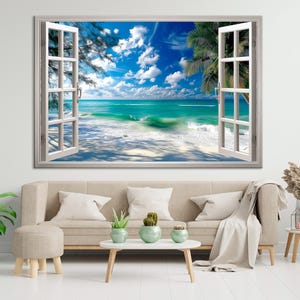Beach Window Large canvas wall art Canvas print Landscape painting Window view art Open window print Nature wall art Beach house decor