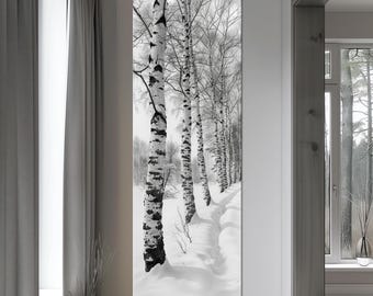 May include: A tall, vertical wall art print featuring a black and white photograph of a row of birch trees standing in a snow-covered landscape. The trees have distinct dark, horizontal markings on their white bark, and the ground is covered in deep, smooth snow, creating a serene winter scene.