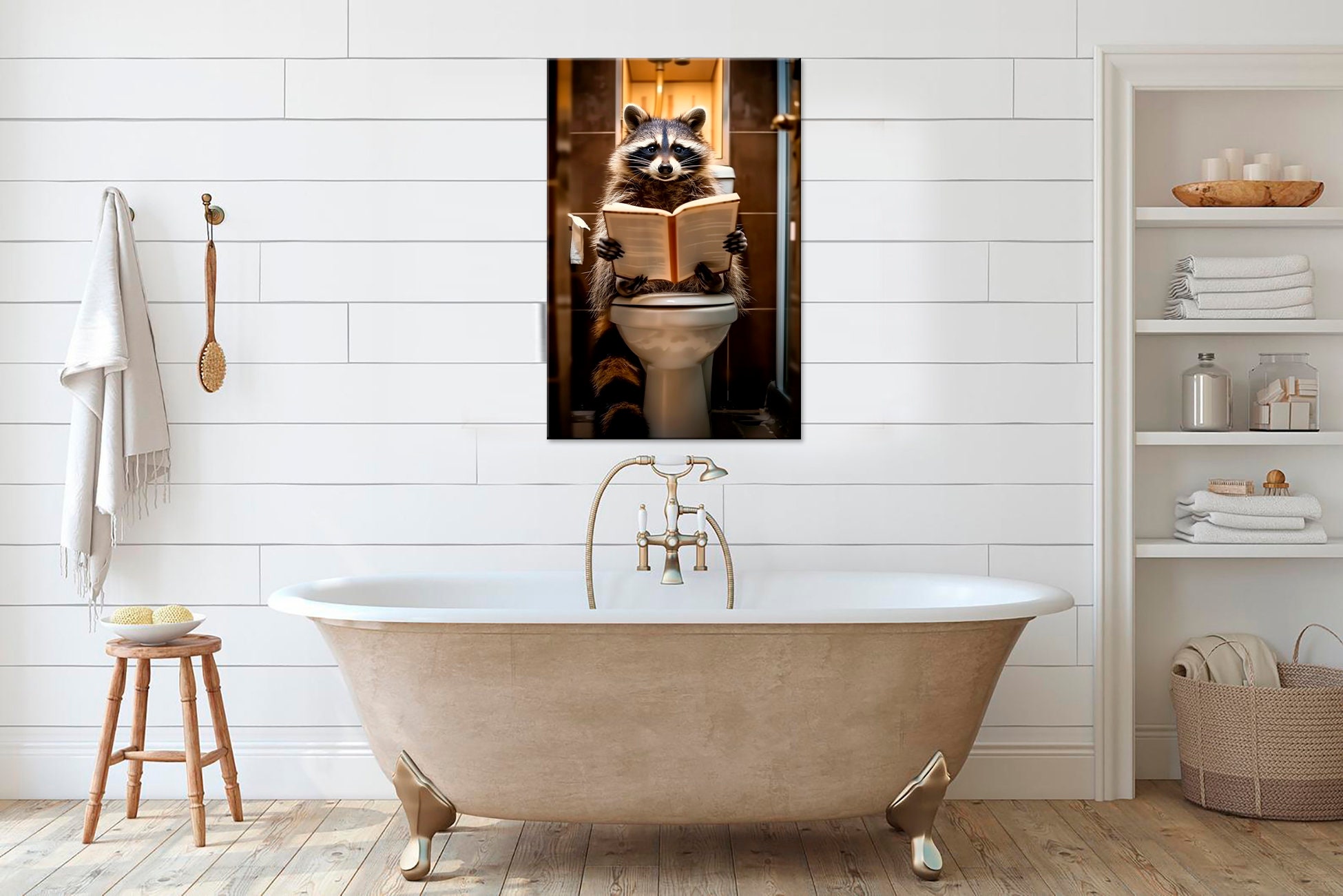 Raccoon Reading Book Toilet Canvas Print Funny Wall Art Animal Print ...