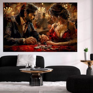Homme femme Grande toile d'art murale Impression sur toile Art mural pour couple Cartes à jouer Thème casino Belles femmes Art mural romantique Décoration de salle de jeux