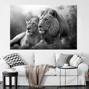 Lion and Lioness Large canvas wall art Canvas print Safari animals print Black white lion family Bedroom wall decor