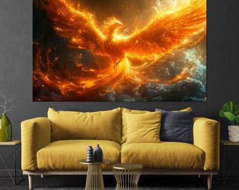 Rising Phoenix Canvas Wall Art, Mythical Bird Print