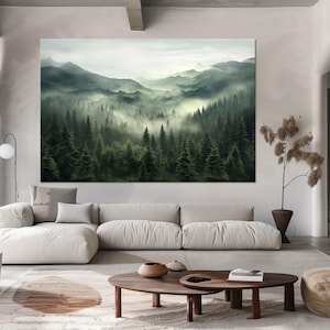 Foggy Mountain Large canvas wall art Canvas print Nature wall art Forest landscape print Misty Pine Trees Living room decor