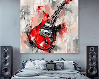 Toile guitare électrique rouge : décoration murale salle de musique