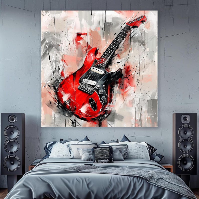 Red Electric Guitar Canvas Print: Music Room Wall Art