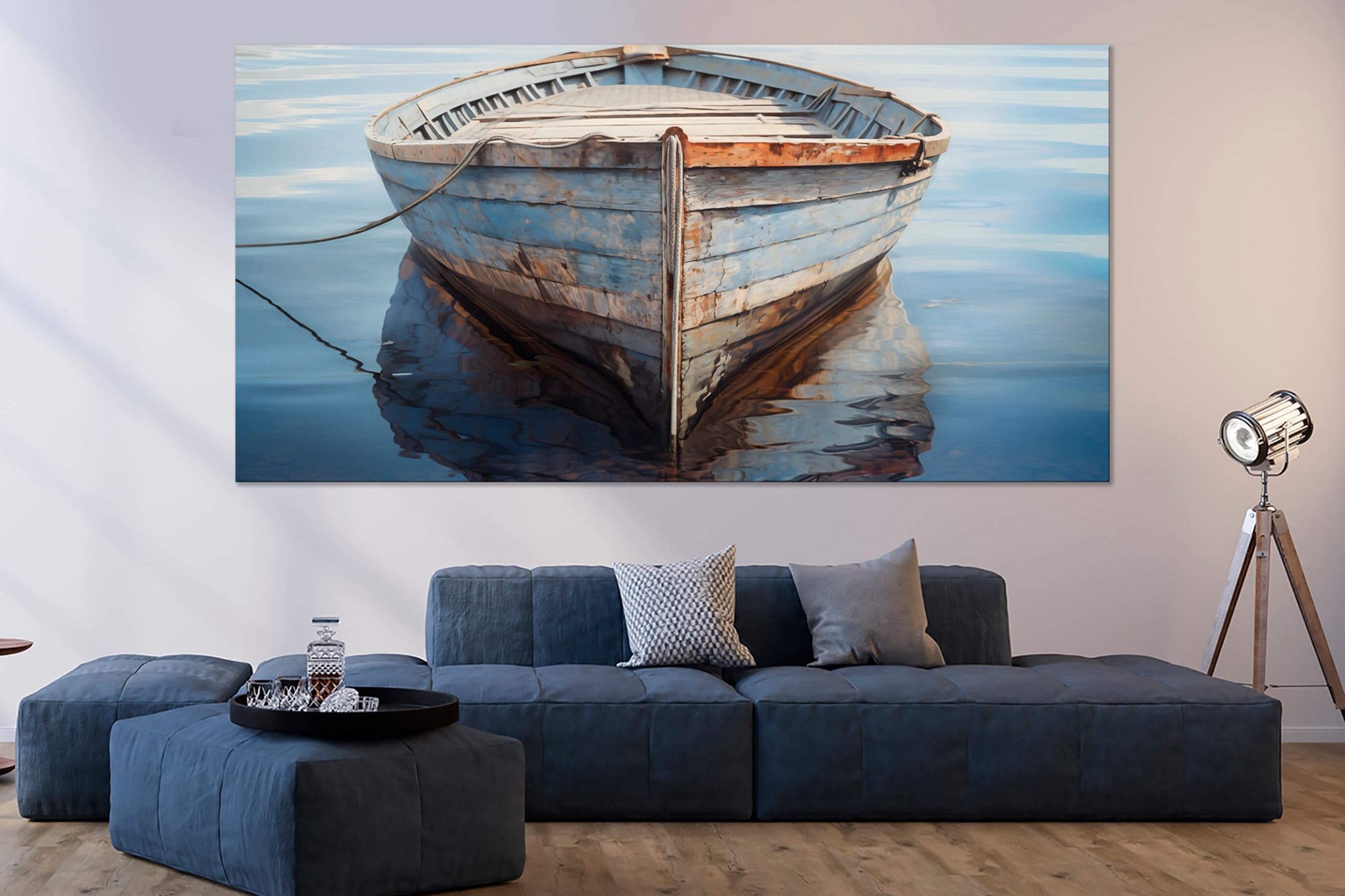 Vintage boat canvas print Old Boat wall art Blue Boat on water print Lake House decor Framed ready to hang Multi panel canvas wall art