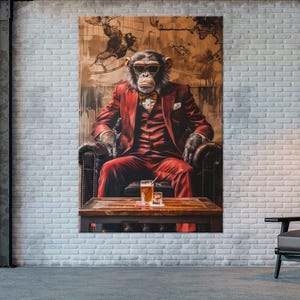 May include: A large canvas print depicts a chimpanzee in a red suit, sunglasses, and a bow tie, seated in a leather armchair. A small table holds a drink. The background features a vintage map design.
