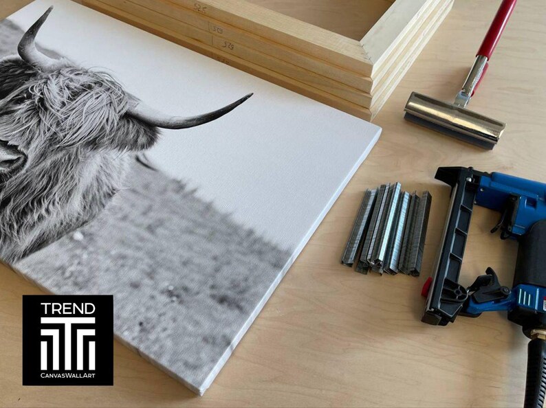 Peut inclure: Impression sur toile en noir et blanc d'une t&ecirc;te de vache Highland avec des cornes. La toile est &agrave; c&ocirc;t&eacute; d'un cadre en bois, d'agrafes, d'une agrafeuse et d'un tendeur de toile. La toile porte le texte "TREND CANVASWALLART".