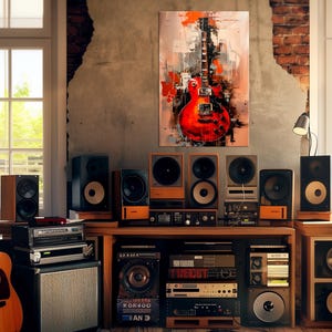 Red guitar Large canvas wall art Canvas print Abstract art Guitar painting Music canvas Modern print Music room decor Music gifts