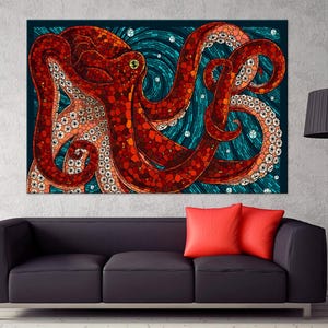 Red octopus Large canvas wall art Canvas print Octopus painting Underwater wall art Nautical decor Abstract octopus art Beach house decor