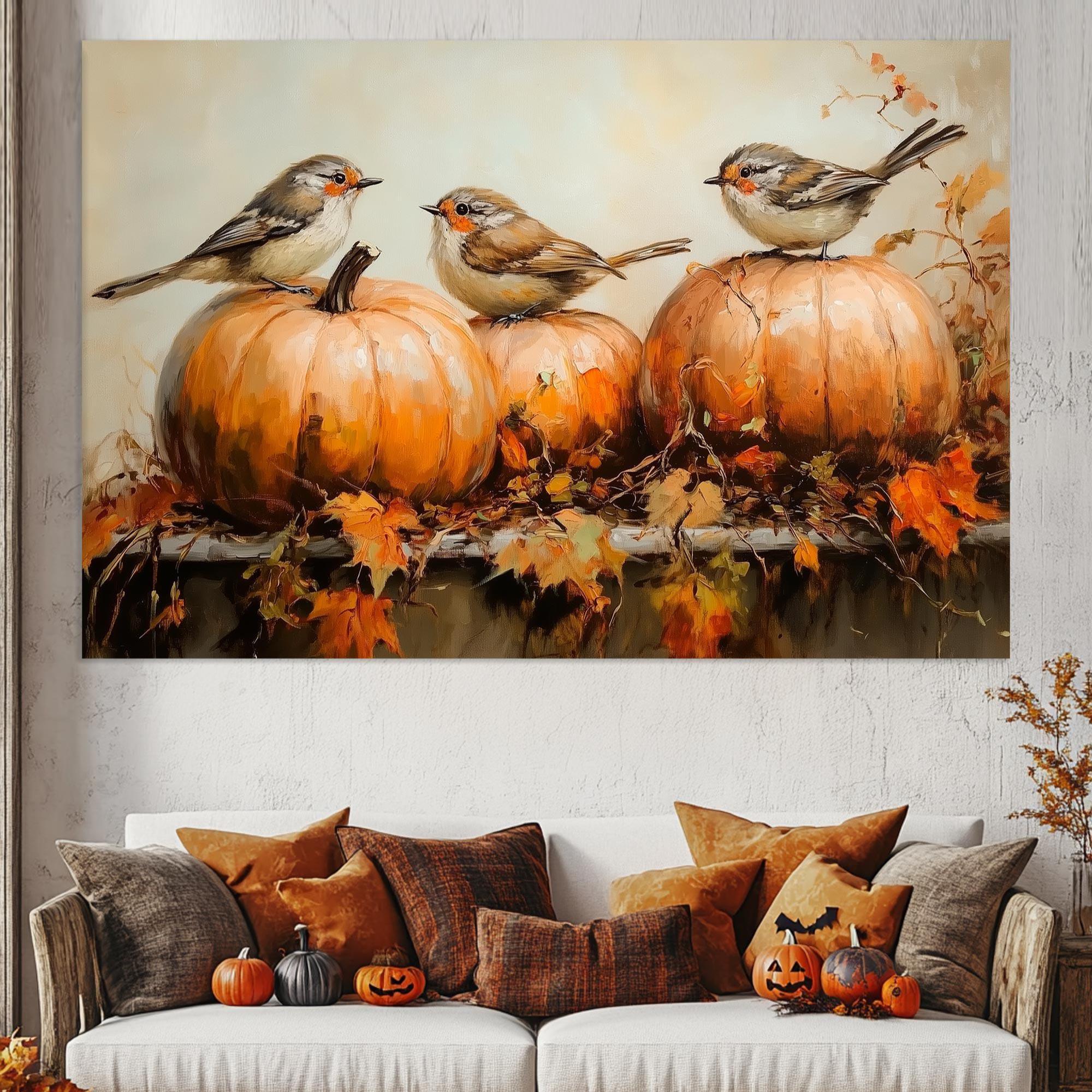 Autumn Birds Canvas Print: Pumpkins, Vintage Fall Decor
