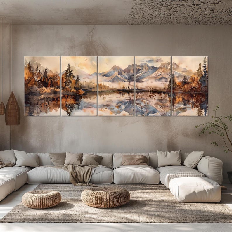 Watercolor Mountain Lake Canvas Print: Panoramic Nature Wall Art - Etsy