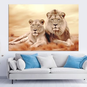 Couple Lions Large canvas wall art Canvas print Animal art Love print African wildlife Gift for couple Anniversary gift Living room decor