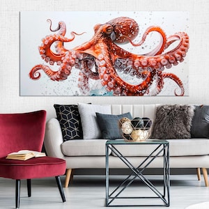 Red octopus Large canvas wall art Canvas print Octopus painting Ocean wall art Octopus tentacles Octopus wall decor Housewarming gift
