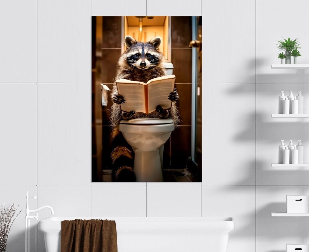 Raccoon Reading Book Toilet Canvas Print Funny Wall Art Animal Print ...