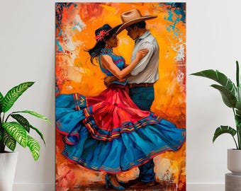 May include: A vibrant oil painting depicting a couple dancing. The person on the left wears a wide, flowing blue and red skirt with a matching top and hat. The person on the right wears a white button-down shirt, blue jeans, and a brown cowboy hat.