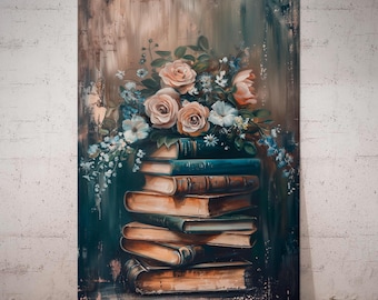 Vintage Floral Book Stack Canvas Print – Library Wall Art, Bookish Decor