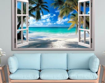 Beach View Canvas Print: Palm Trees, Open Window Seascape