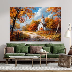 Country Church Large canvas wall art Canvas print Autumn landscape Church print Rustic church canvas Nature wall art Farmhouse decor