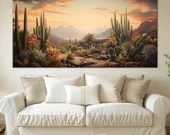 Toile d'art murale cactus et désert : impression paysage montagne, décoration de salon