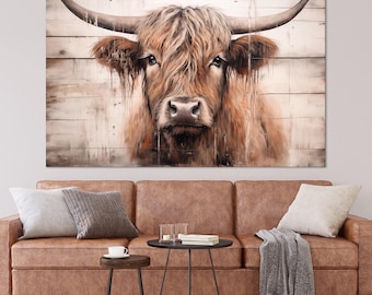 Highland Cow Canvas Wall Art: Farmhouse Animal Portrait