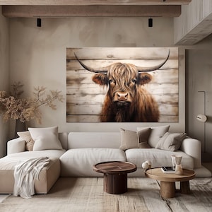 Highland Cow Large canvas wall art Canvas print Modern Farmhouse decor Rustic cow print Cattle Wooden background Country wall art