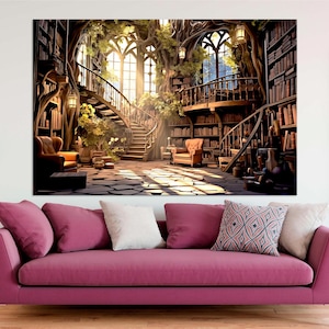 Fantasy Library Large canvas wall art Canvas print Book reading Fantasy art Library painting Book lover gift Library print Housewarming gift
