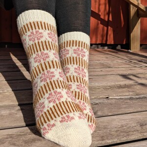 May include: A pair of mid-calf knit socks featuring a cream-colored base with a repeating pattern of pink floral motifs and vertical brown stripes. The socks have a ribbed cuff at the top and a solid cream-colored toe section, crafted from yarn.