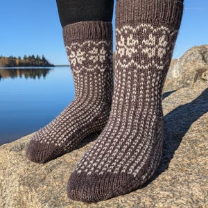 May include: A pair of brown and white patterned knit socks. The socks have a ribbed cuff and a repeating geometric design. The socks are worn over black leggings and are resting on a rock near a body of water.