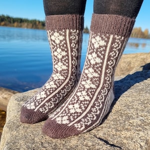May include: A pair of brown and white patterned socks. The socks have a ribbed brown cuff, heel, and toe. The pattern includes white geometric shapes and vertical stripes. The socks are displayed on a rock with a lake in the background.