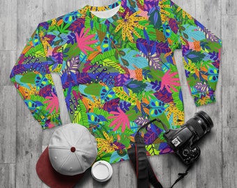 Buntes Unisex-Sweatshirt mit tropischem Blättermuster – rundum bedrucktes, bequemes Unisex-Sweatshirt