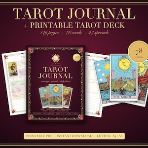 May include: A digital tarot journal and printable tarot deck set featuring a dark burgundy cover with gold text reading Tarot Journal, 149 pages, 78 cards, and 27 spreads. The set includes illustrated tarot cards and journal pages.