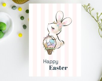 Colorful Kids Easter Cards, Easter Bunny Watercolor Card, Easter egg card Printable,  Postcard Happy Easter - Easter Card A6, Rabbit Card,